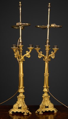 Lot 34 - A pair of table lamps constructed from ormolu...