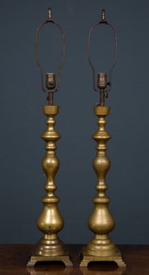 Lot 119 - A pair of brass table lamps converted from oil...