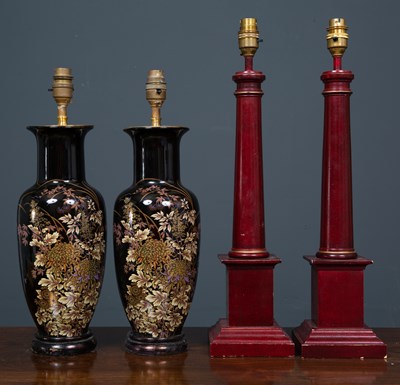 Lot 246 - Two pairs of table lamps; one pair with red...