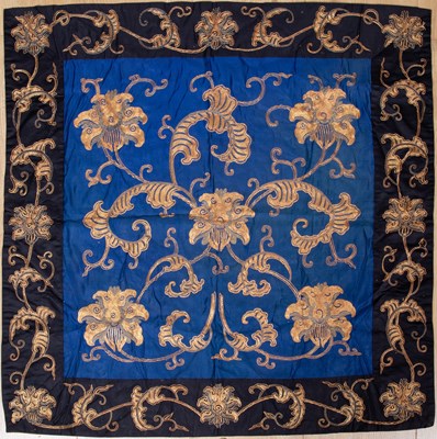 Lot 247 - An Oriental silk blue ground panel decorated...