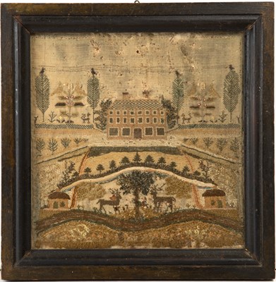 Lot 350 - An 18th century woolwork sampler of a house in...