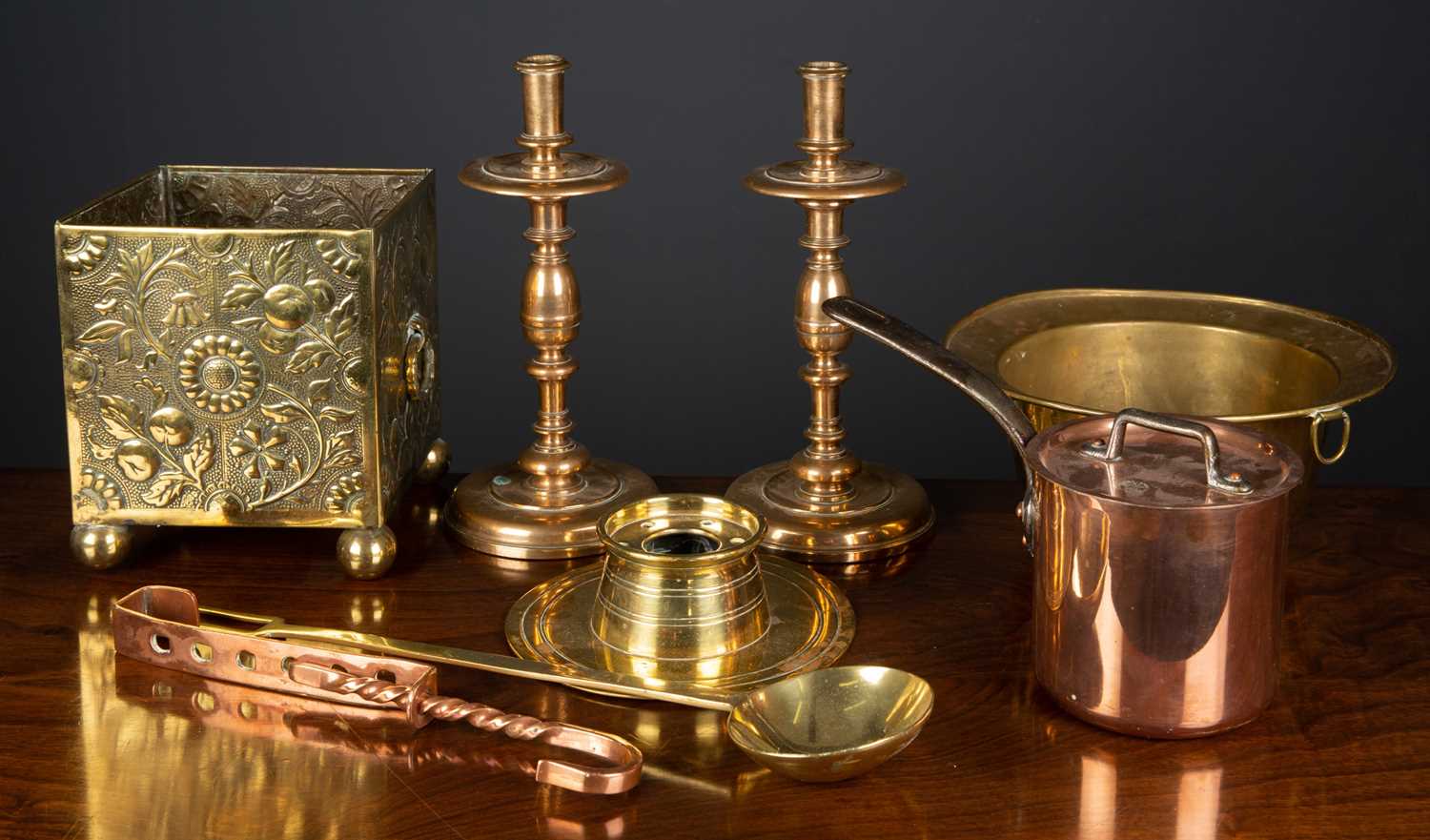 Lot 2 - A brass capstan inkwell, 19cm diameter x 5cm...