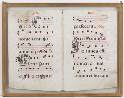 Lot 97 - An antique double page antiphonal musical...