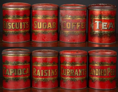 Lot 16 - A set of eight 19th century storage tins, red...