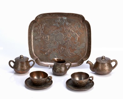 Lot 333 - Eight piece child's copper tea set Japanese,...