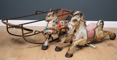 Lot 107 - Two Mobo mid-20th century painted tin horses,...