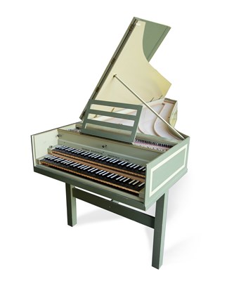 Lot 90 - A two manual green painted harpsichord, the...