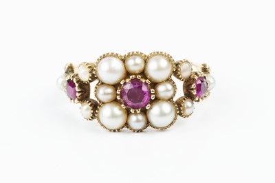 Lot 258 - A 19th century ruby and half pearl panel ring,...