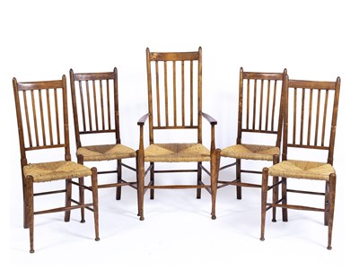 Lot 87 - Arts and Crafts set of five dining chairs,...