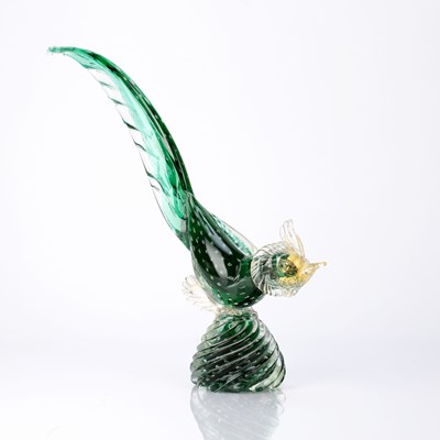 Lot 444 - Murano glass green glass and gold leaf bird,...