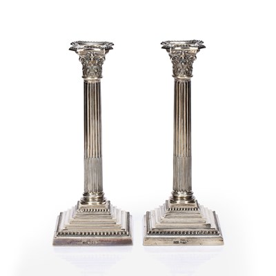 Lot 489 - Pair of silver Corinthian column candlesticks...