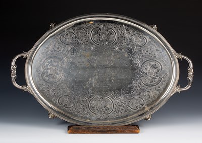 Lot 205 - Large oval silver presentation tray with twin...