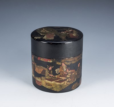 Lot 375 - Japanned box 19th Century, of cylindrical form,...