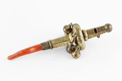 Lot 596 - A mid Victorian silver gilt baby's rattle and...