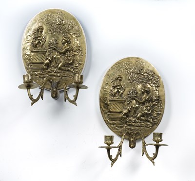 Lot 37 - Pair of oval two branch brass wall sconces...