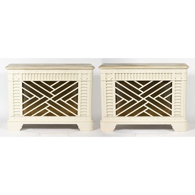 Lot 498 - A pair of marble topped white painted radiator...