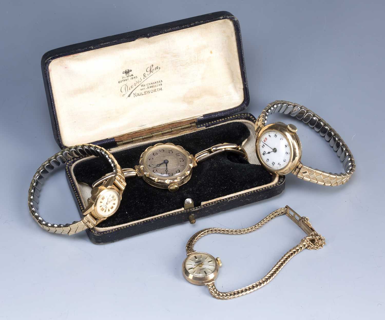 Lot 215 - Four vintage ladies gold cased watches one in...