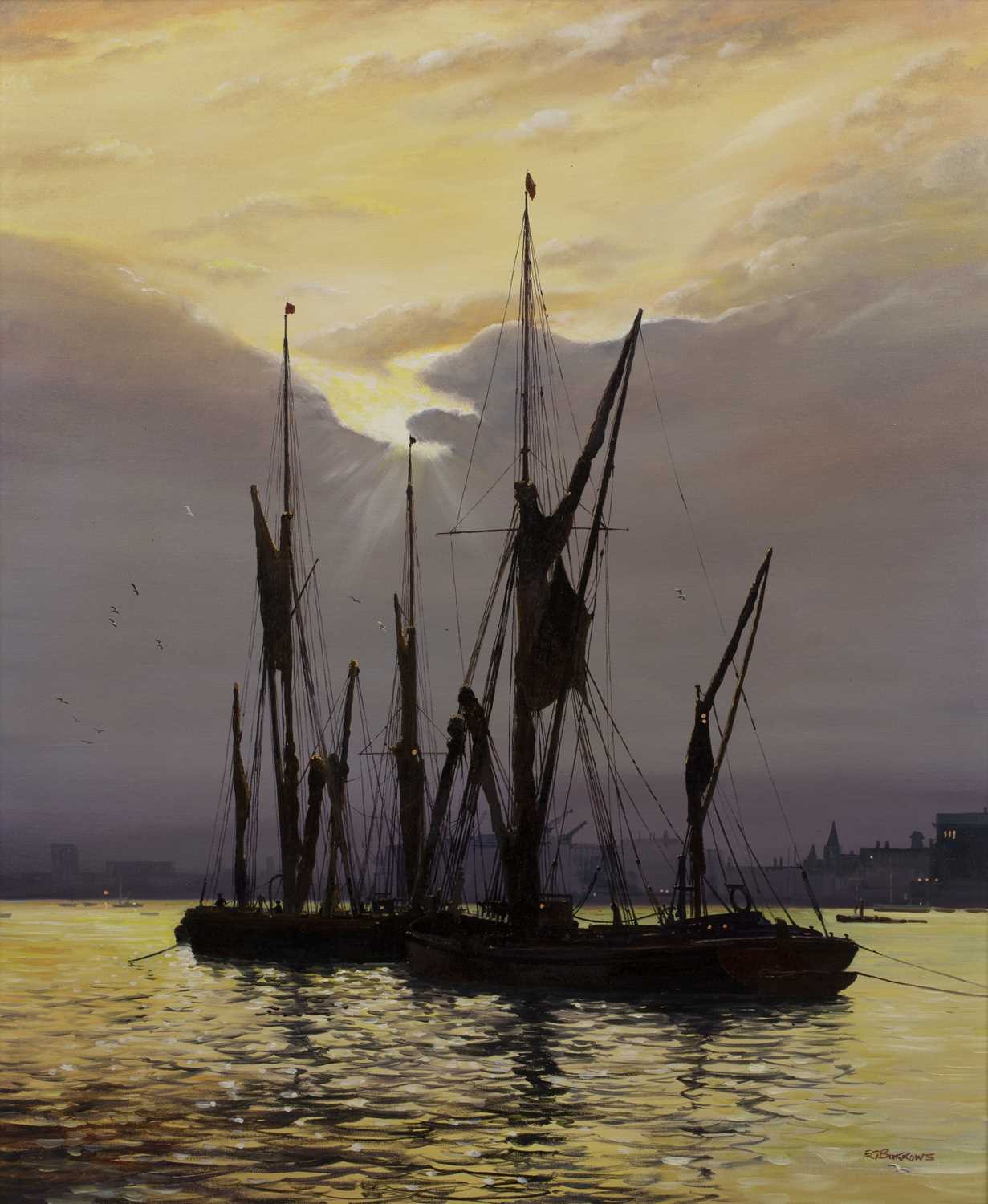 Lot 144 - E G Burrows (b.1928) 'Thames barges' oil on...