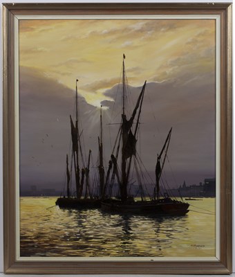 Lot 144 - E G Burrows (b.1928) 'Thames barges' oil on...