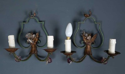 Lot 316 - A pair of green painted two branch metal wall...