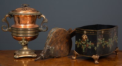 Lot 317 - A copper brass mounted hot water urn formed as...